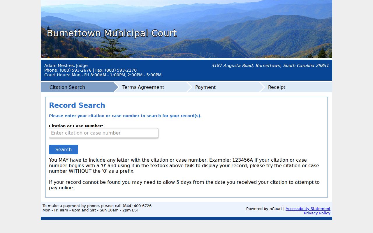 Aiken County Burnettown warrant and citation payment search field