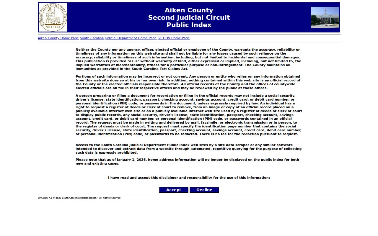 Aiken County warrant search and Public Index entry page